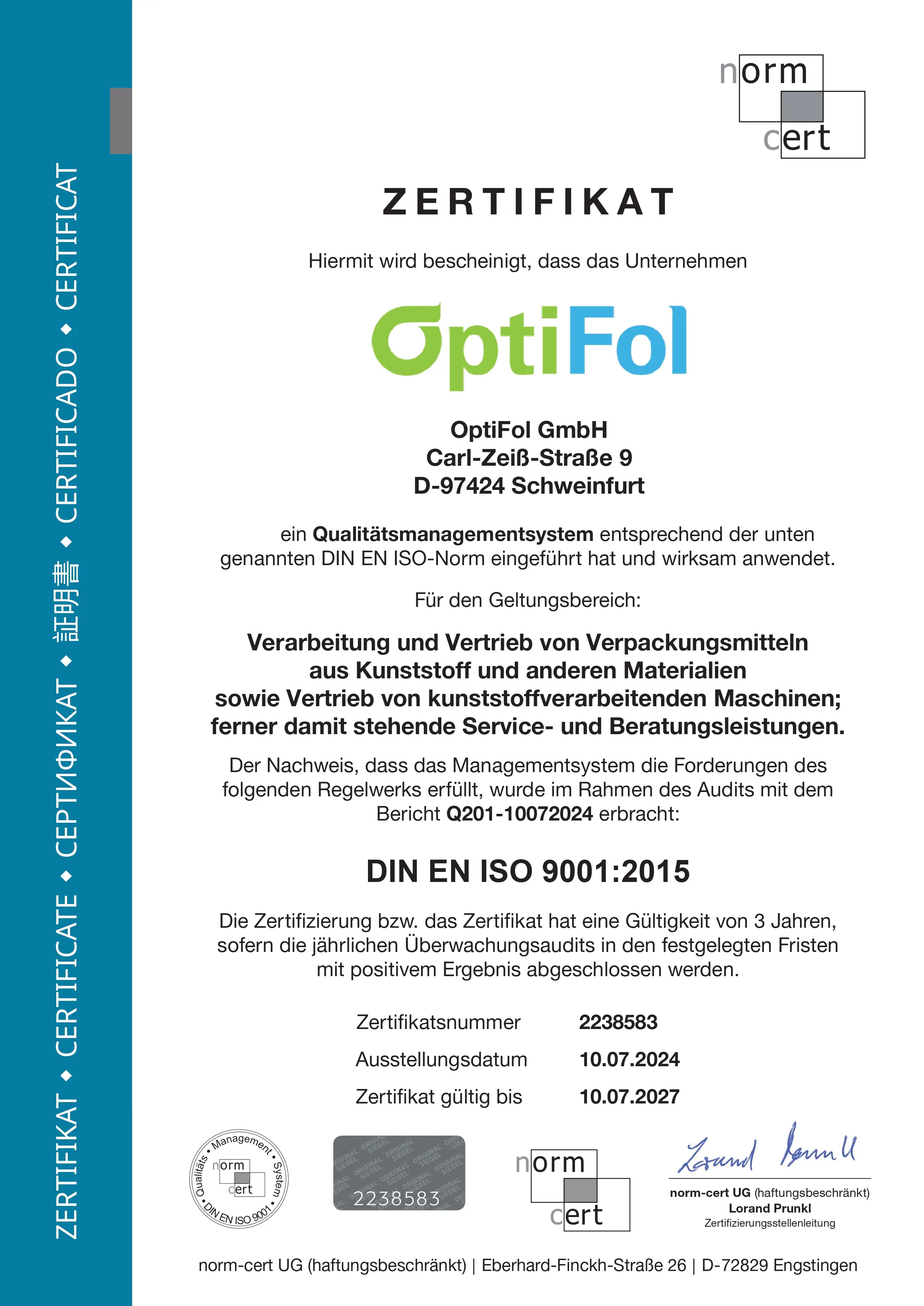 Zertifikat  von Optifol folie kann mehr